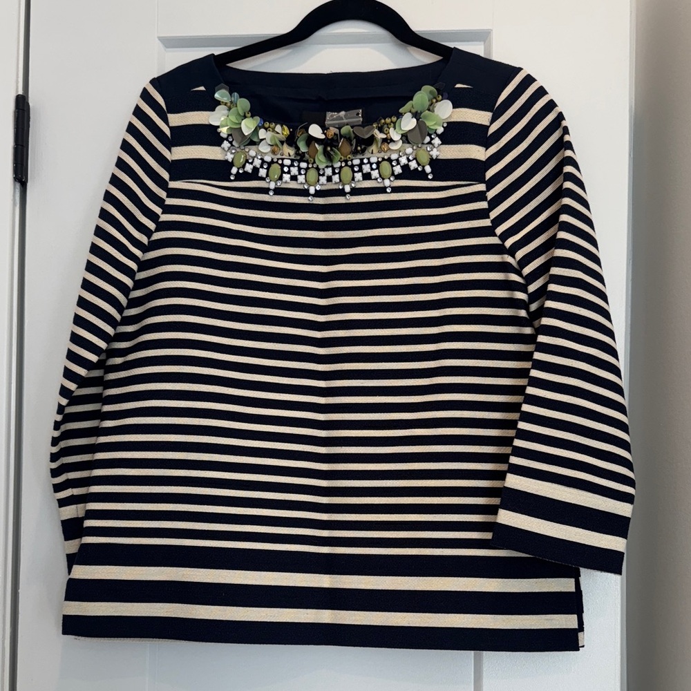 J. Crew Navy Top with Green and White Floral Accents